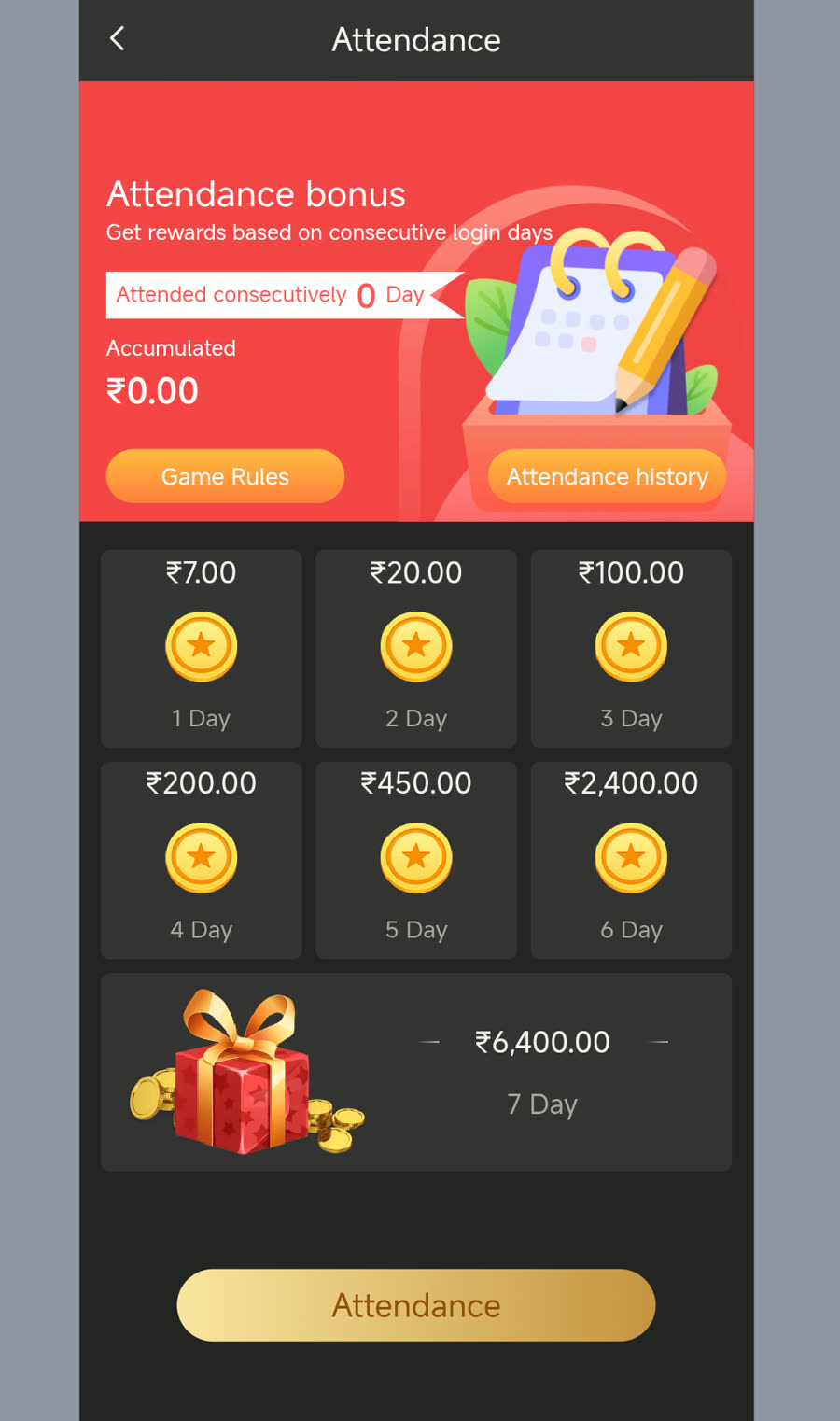 Attendance Bonus activity banner in the BDG Game app