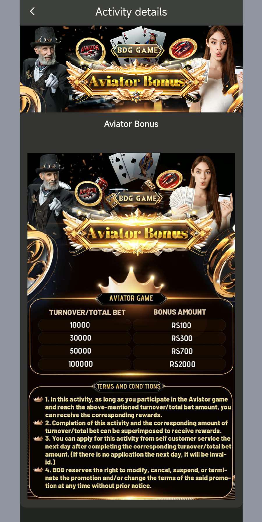 Aviator Bonus activity banner in the BDG Game app